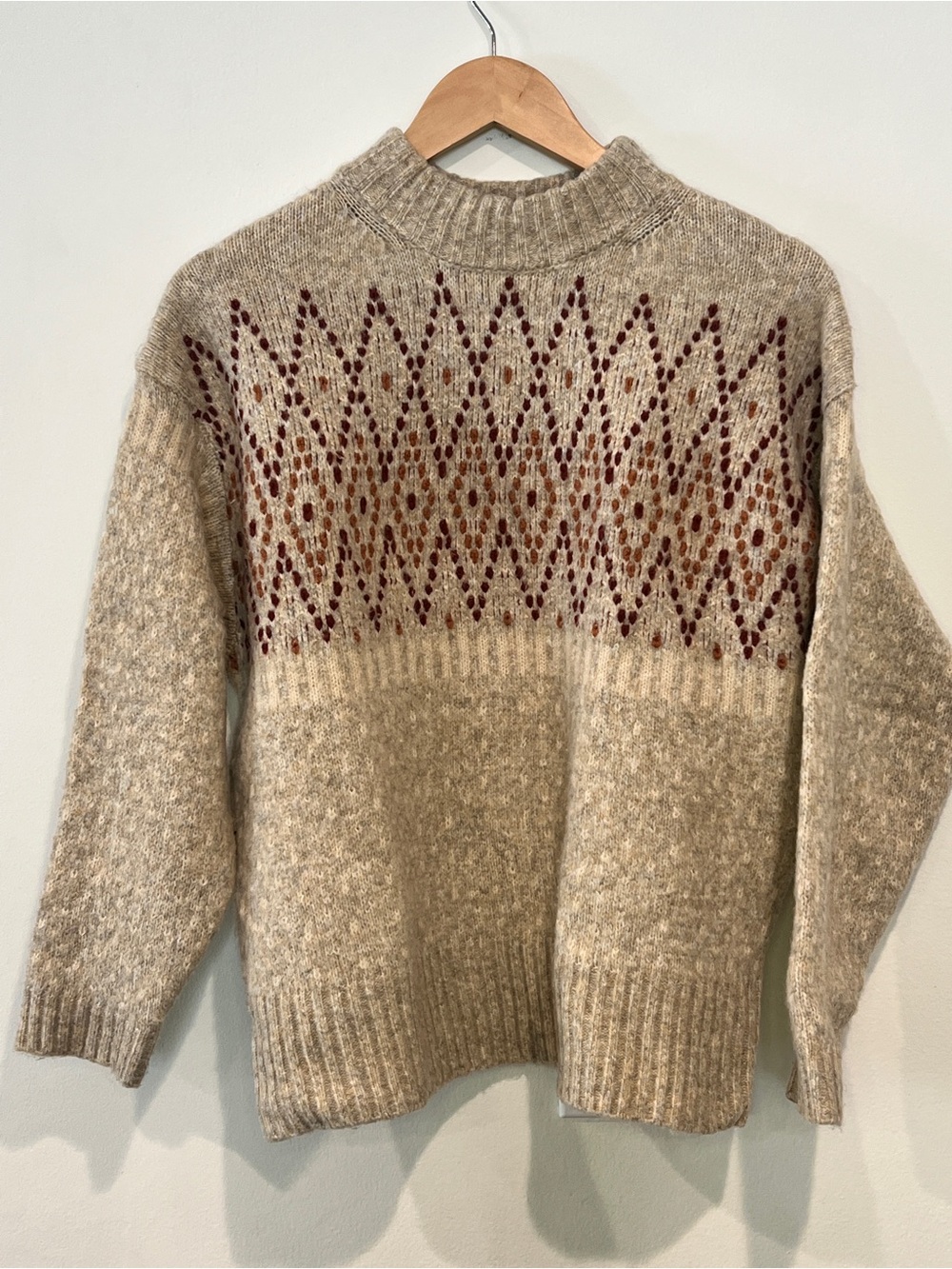 Lush Crewneck Sweater with Brown and Burgundy Fair Isle